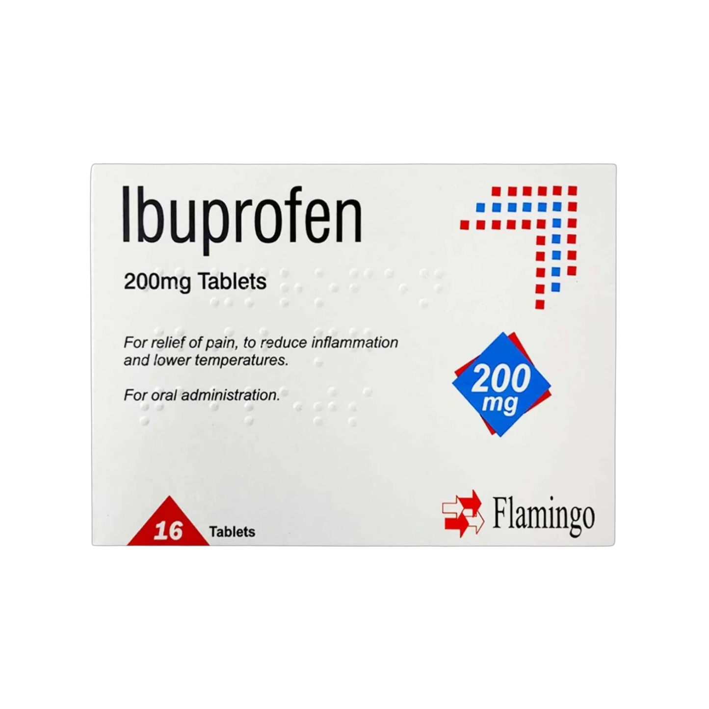 Ibuprofen BP 200 mg tablets box; 16 tablets per pack, Flamingo branding on white background, blue 200 mg diamond label