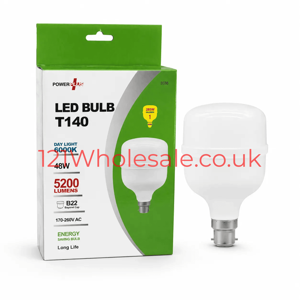 PowerPlus LED Bulb T140 B22 Bayonet; 48W, 6000K Day Light, 5200 lumens - box and bulb