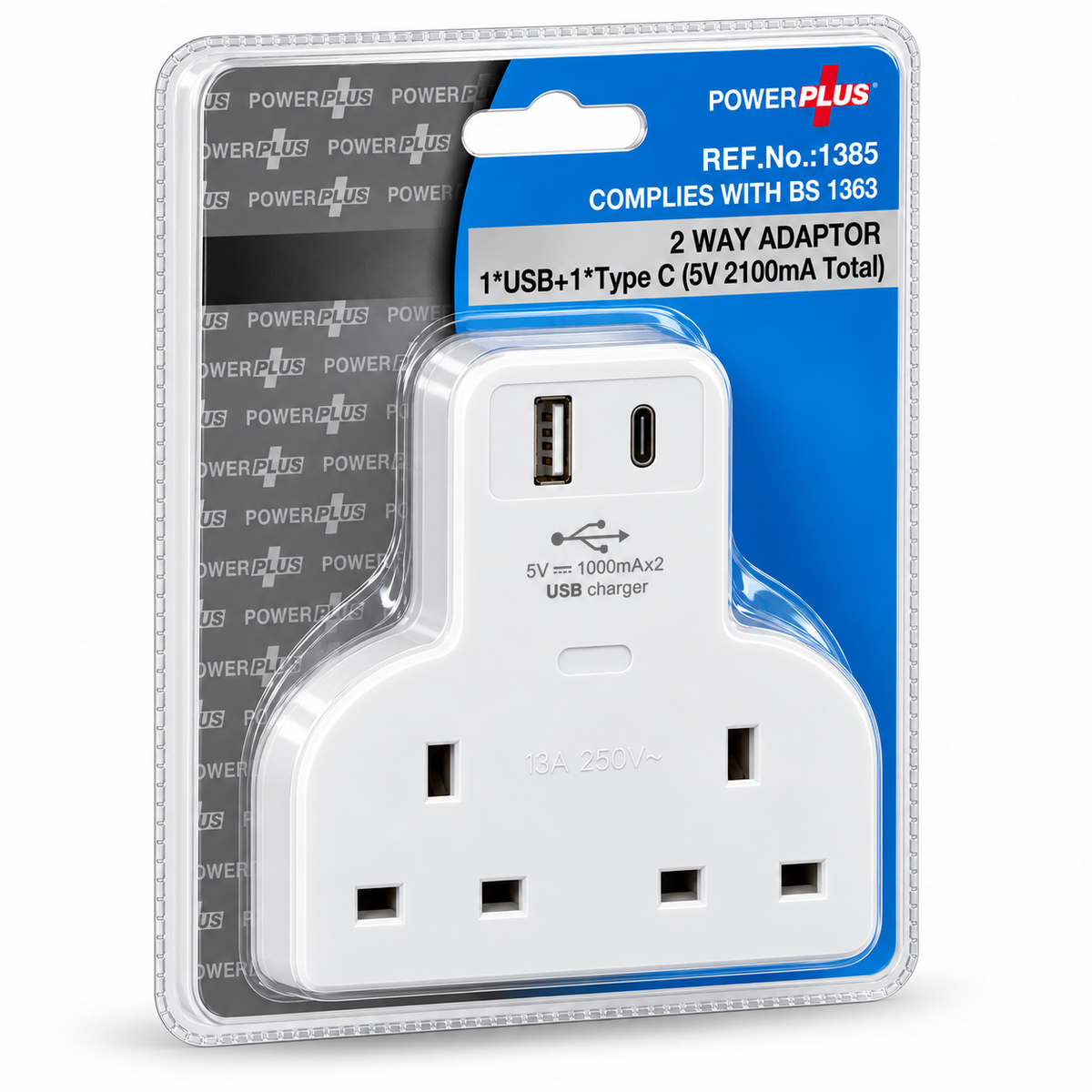 Adaptor - 2 Way Gang Wall Mains Plug Extension Adaptor With 1 USB + 1 USB C Chargers Power Plus