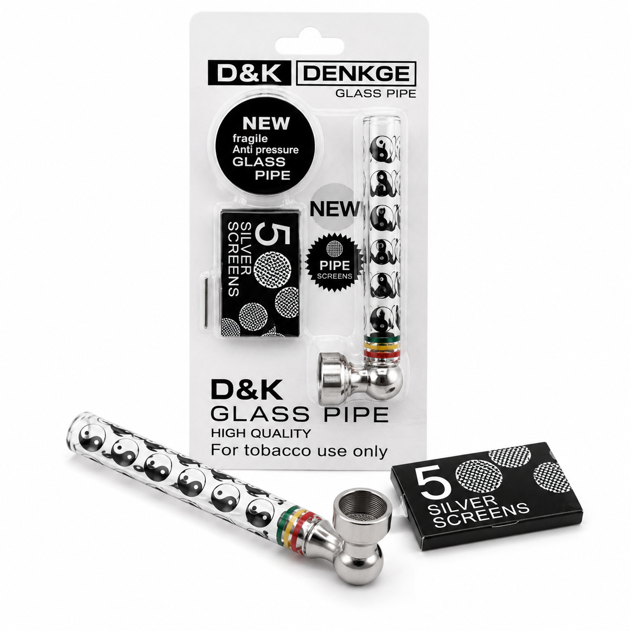 D&K Denke Glass Pipe set in its original blister packaging, featuring a glass pipe with black and white yin-yang patterns, a silver metal mouthpiece, a black 5-screen filter, and the retail card. Uk Supplier 121 Wholesale