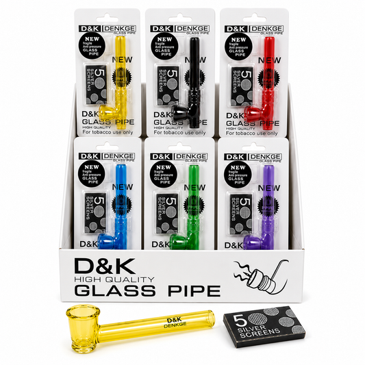 D & K GLASS PIPE WITH 5xSCREEN Assorted Colours D&K Dengke display box with 24 pieces for retailers. Uk supplier 121 wholesale
