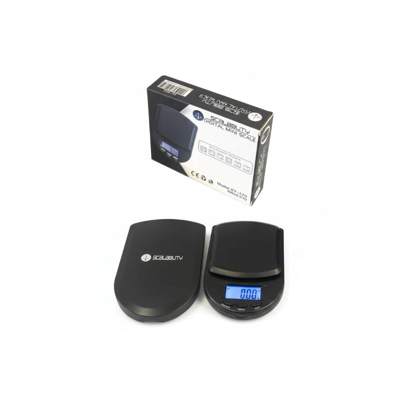 Scalability digital pocket scale SY100, black with blue backlit display, 0.01–100 g capacity