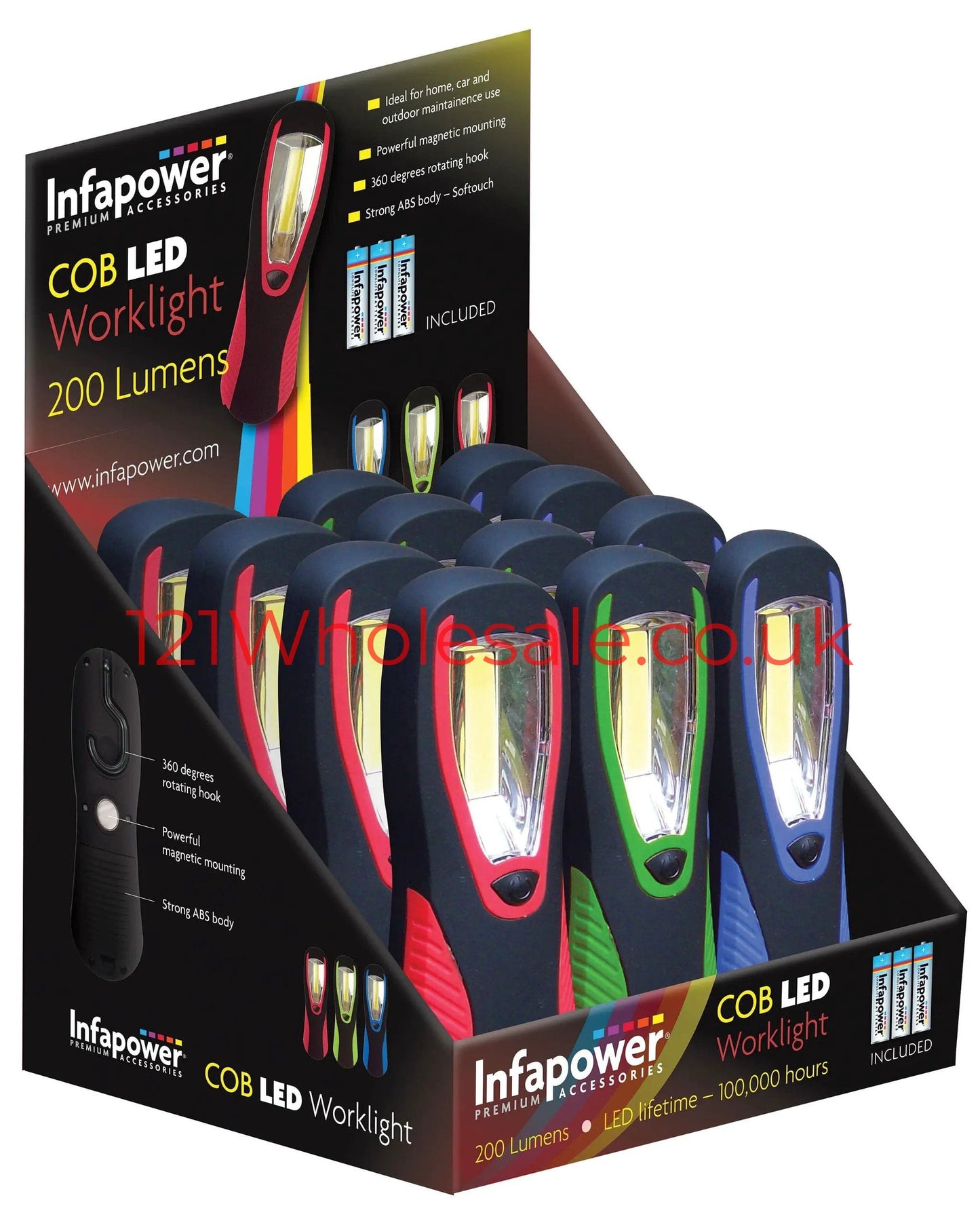 Infapower COB LED Worklight torches; set of four colored variants on a display box.