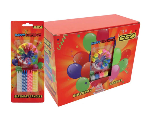 Birthday candles + holders set; GSD red box with multicolor striped candles and candle wheel