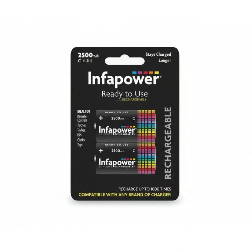 Infapower C-size 2500mAh Ni-MH rechargeable batteries on black packaging, two units visible