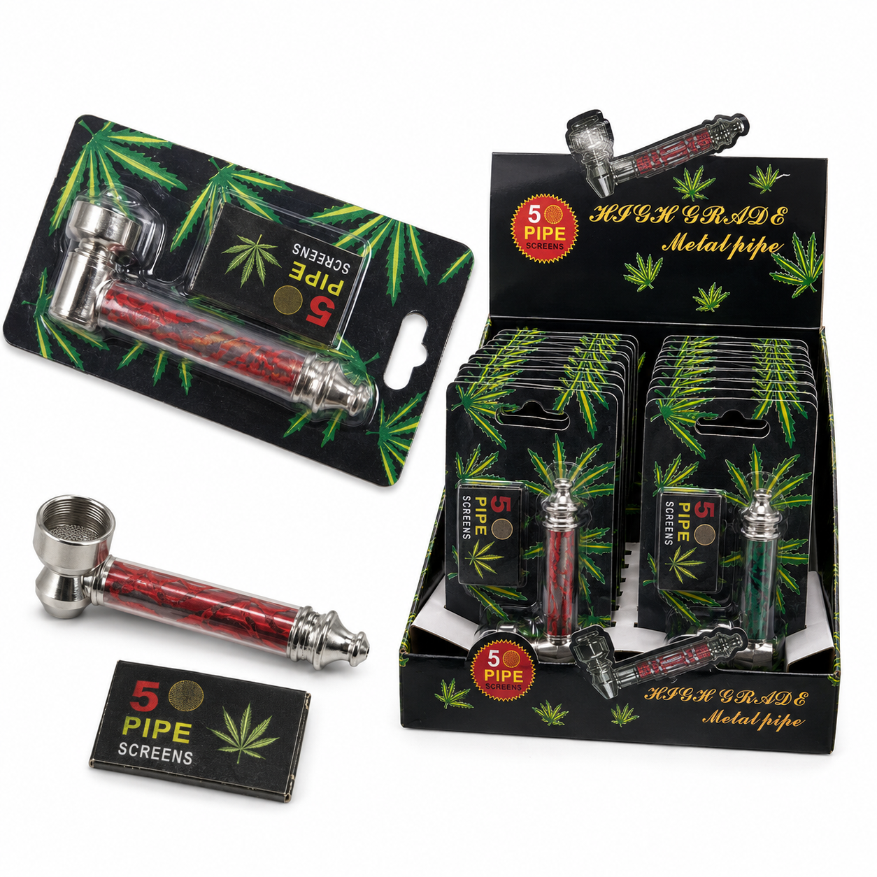 Red metal water pipe with silver bowl and mouthpiece, shown with black packaging cards featuring green leaf graphics and a retail display box labeled '5 Pipe Screens Metal pipe'.