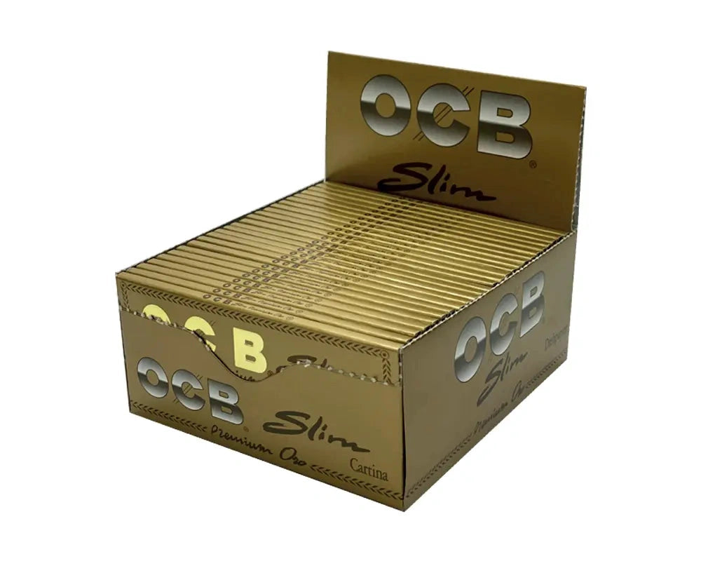 OCB King Slim Gold Rolling Paper, 50 sheets; gold display box branded with large OCB Slim logo on all sides.
