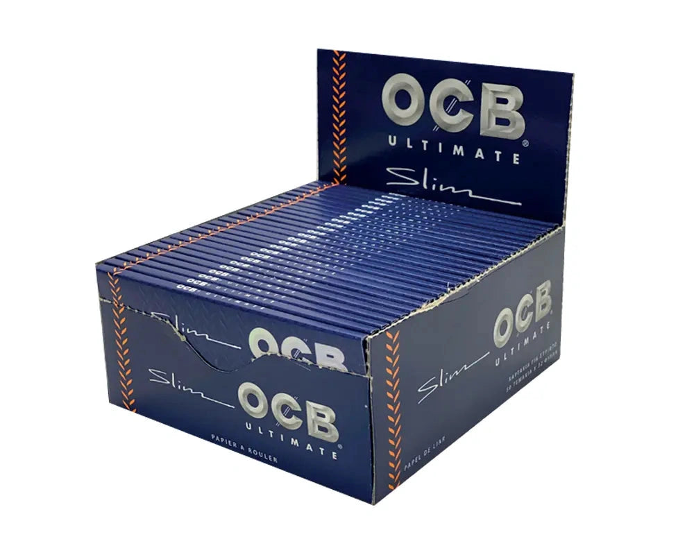 OCB Ultimate Slim rolling papers in blue display box, 50 sheets per pack