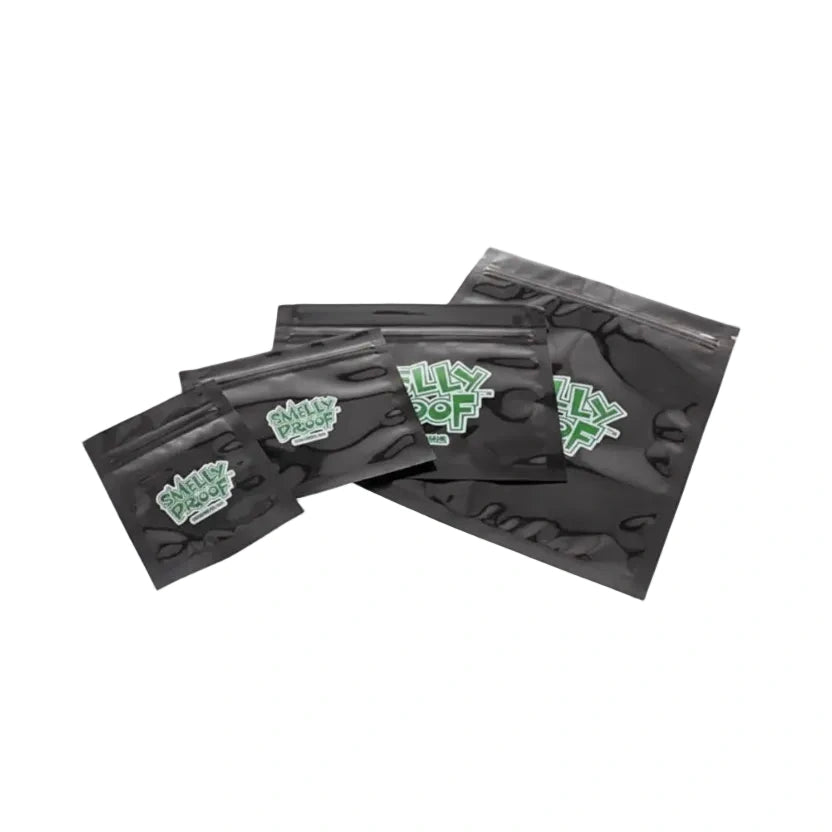 Smelly brand smell-proof zip bags; black resealable pouches with green logo, set of four sizes