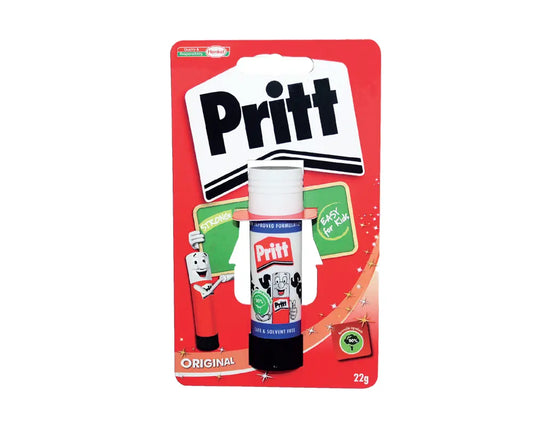 Pritt glue stick on red blister card packaging, original 22g adhesive stick by Pritt.