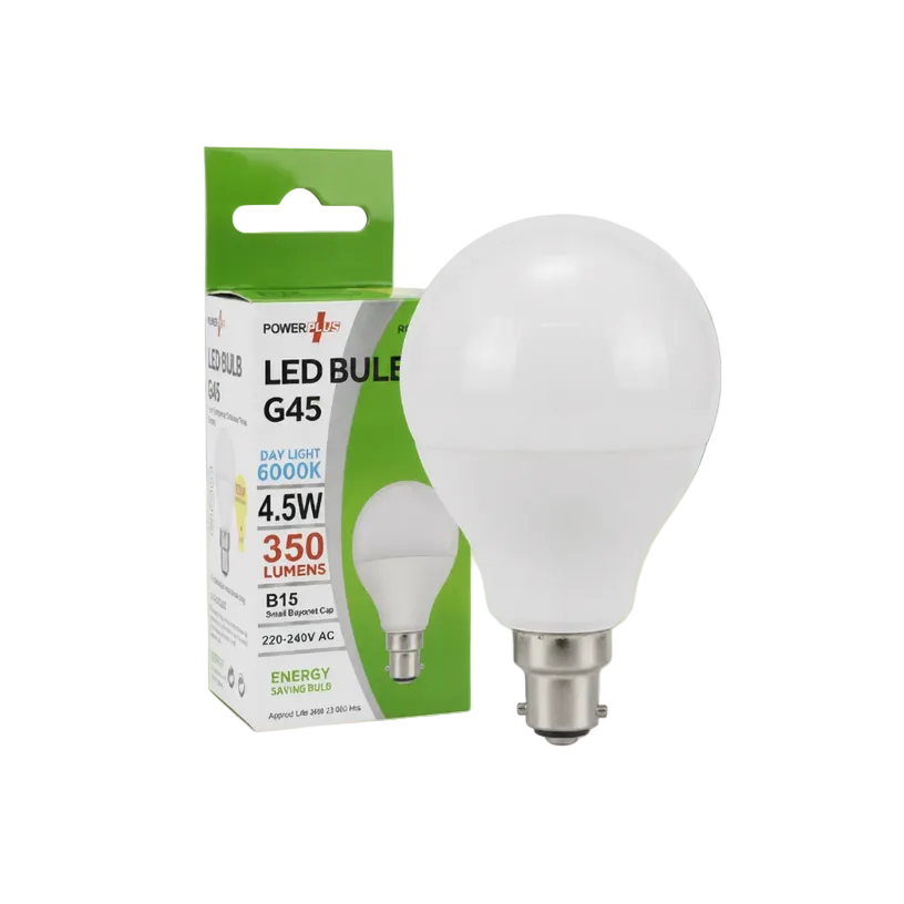 PowerPlus SBC LED Bulb G45 B15, 4.5W, warm white 2700K, energy-saving bulb with green packaging.