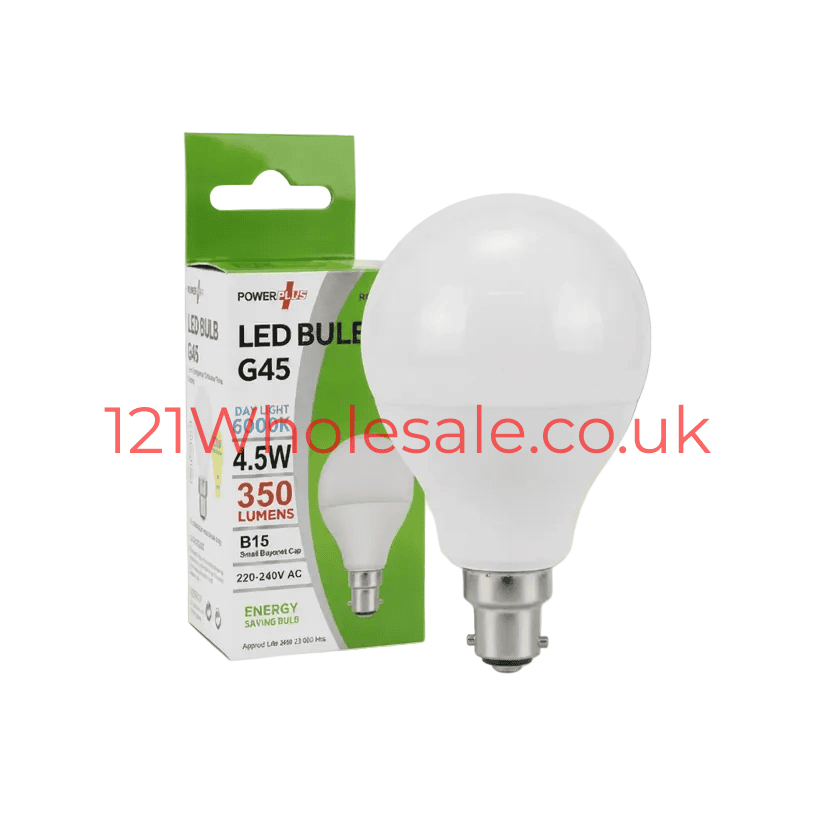 PowerPlus SBC LED Bulb G45 B15, 4.5W, warm white 2700K, energy-saving bulb with green packaging.