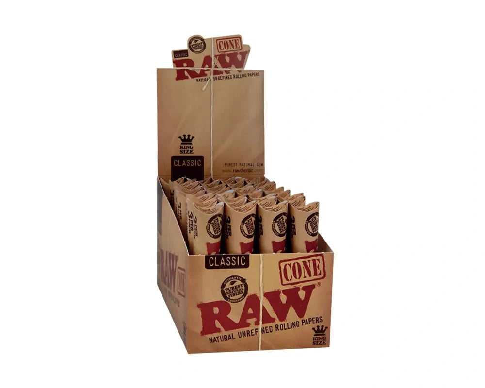 RAW Classic Cones pre-rolled rolling papers box, brown carton, 3 cones x 32 packs, RAW brand.