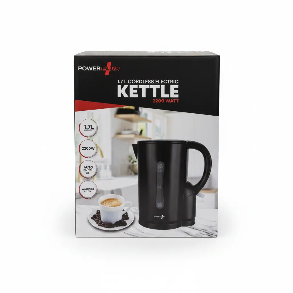 Power Plus 1.7L cordless electric kettle with gauge, black, depicted on its packaging box.