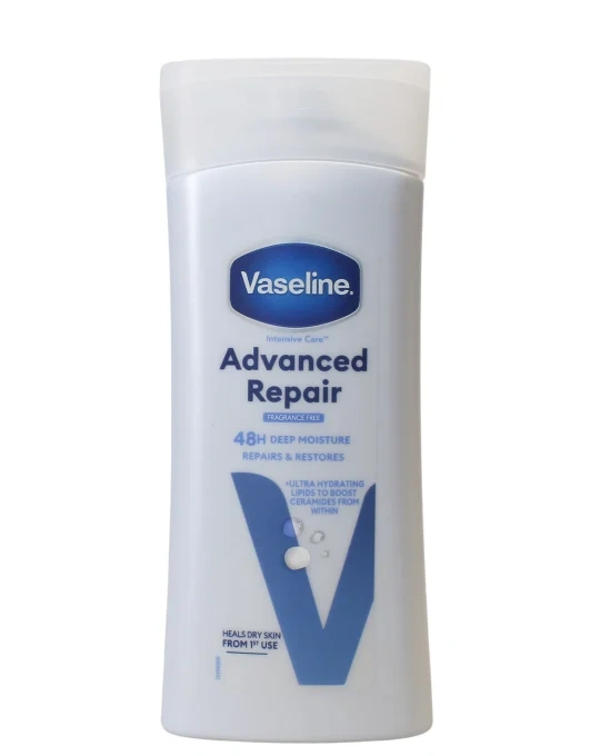 Vaseline Advanced Repair body lotion bottle, white container with blue Vaseline logo and 48h moisture