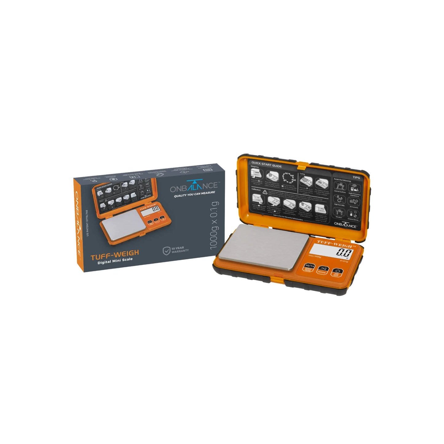 Tuff-Weigh digital pocket scale with bright orange protective case, 1000g max capacity and 0.1g accuracy.