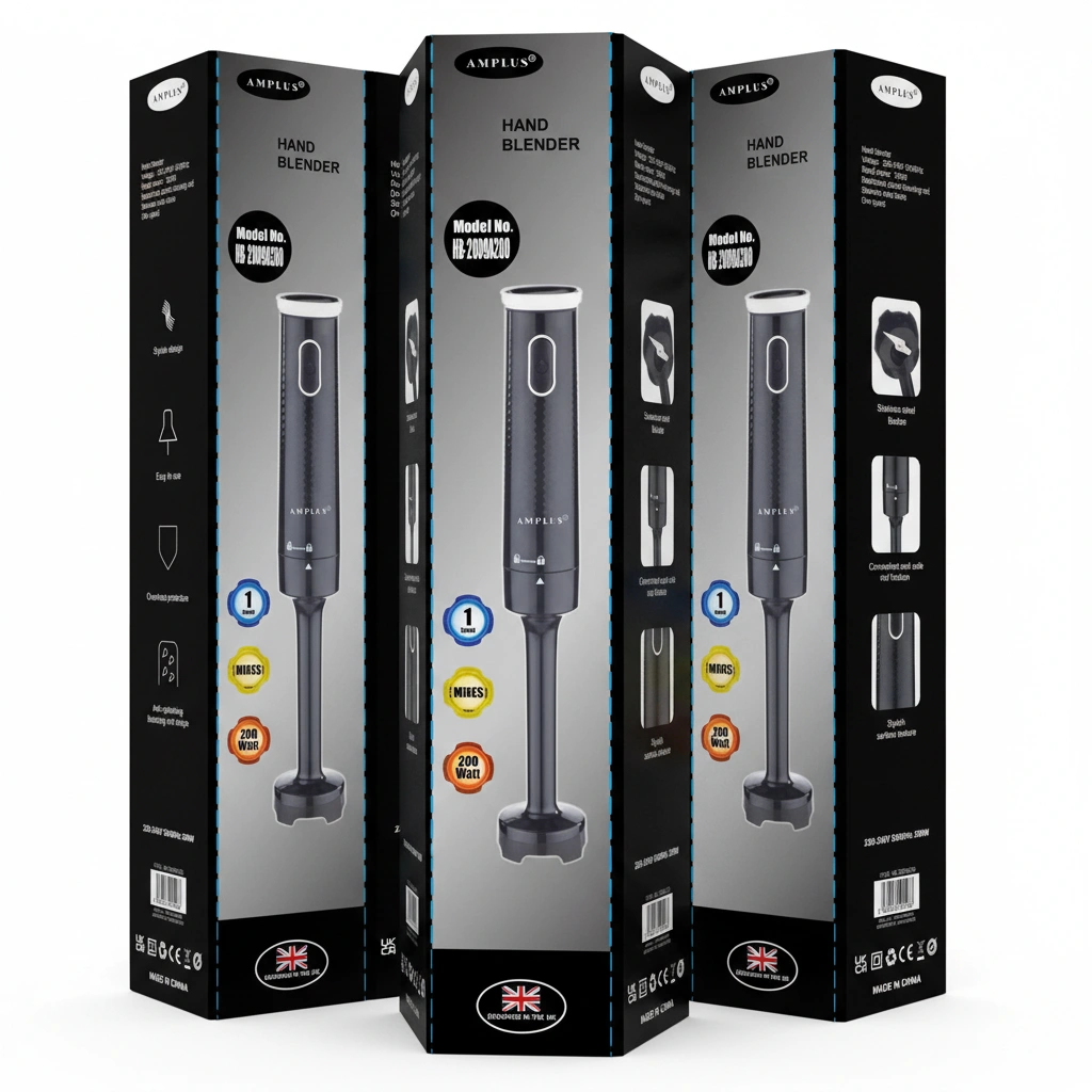 Amplus 200W hand blender boxes, four black 2-speed stick blenders.
