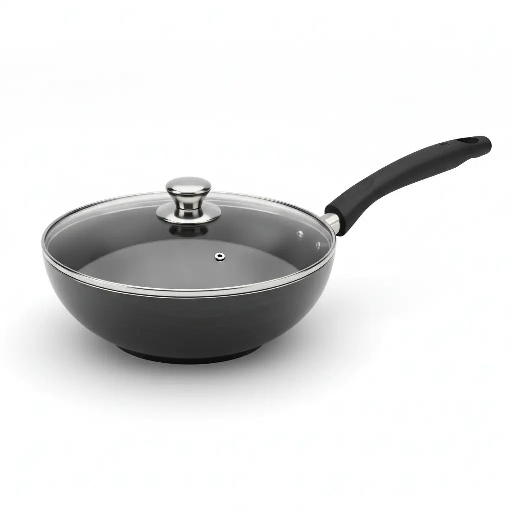 Forged non-stick wok with glass lid and black handle