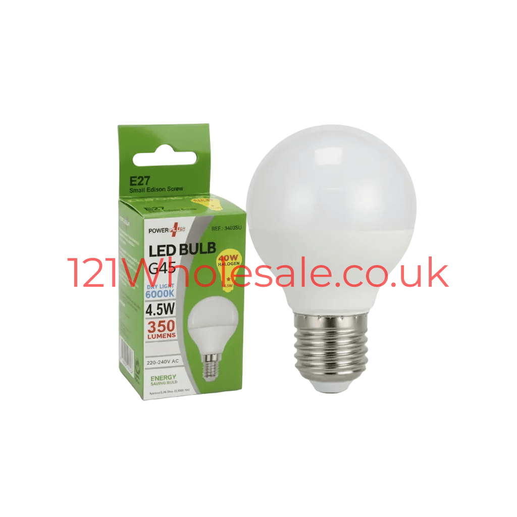 PowerPlus G45 LED bulb with E27 base, 4.5W, daylight 6000K, shown beside its green PowerPlus box