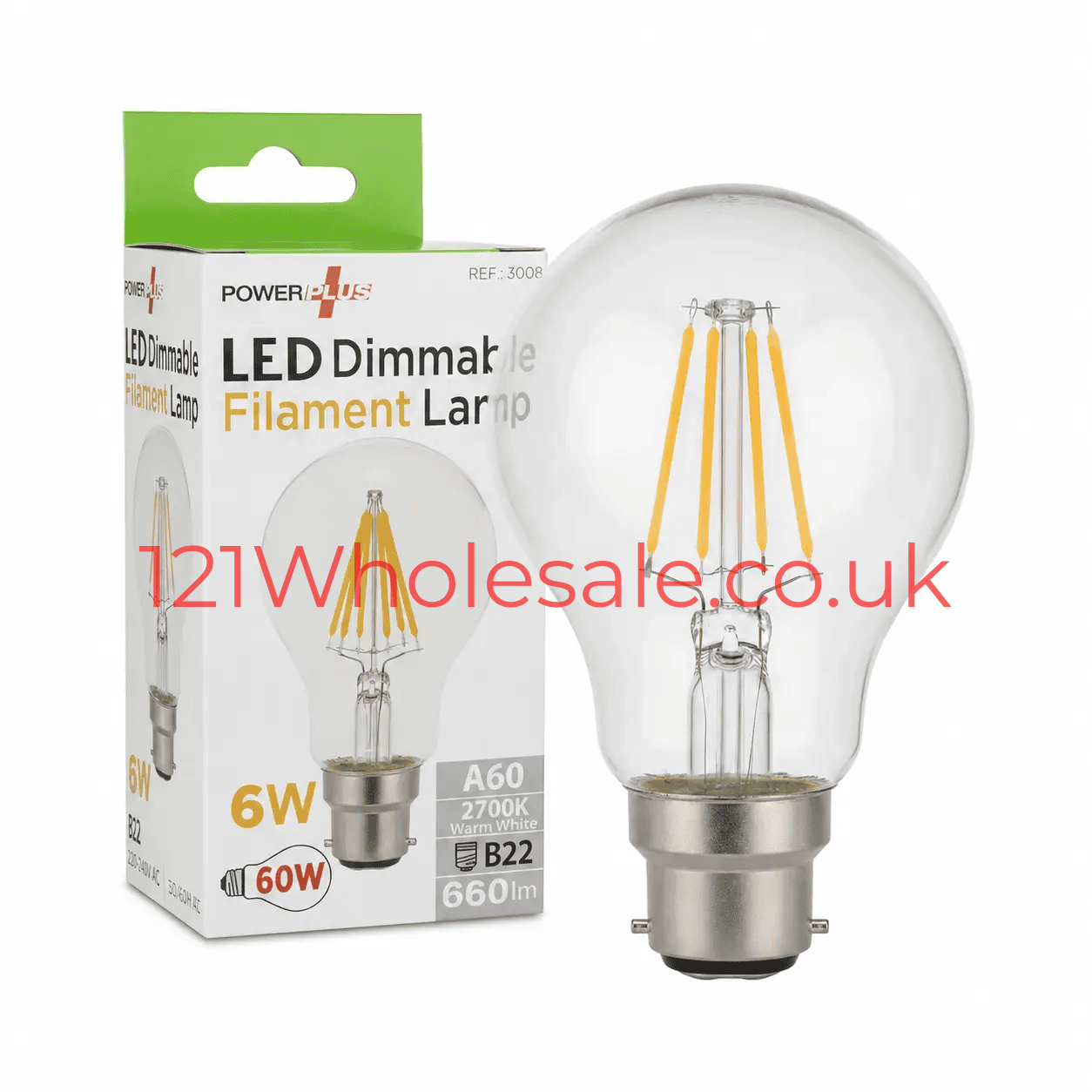 PowerPlus GLS BC B22 LED Filament Bulb, 6W warm white; two items shown: bulb and packaging