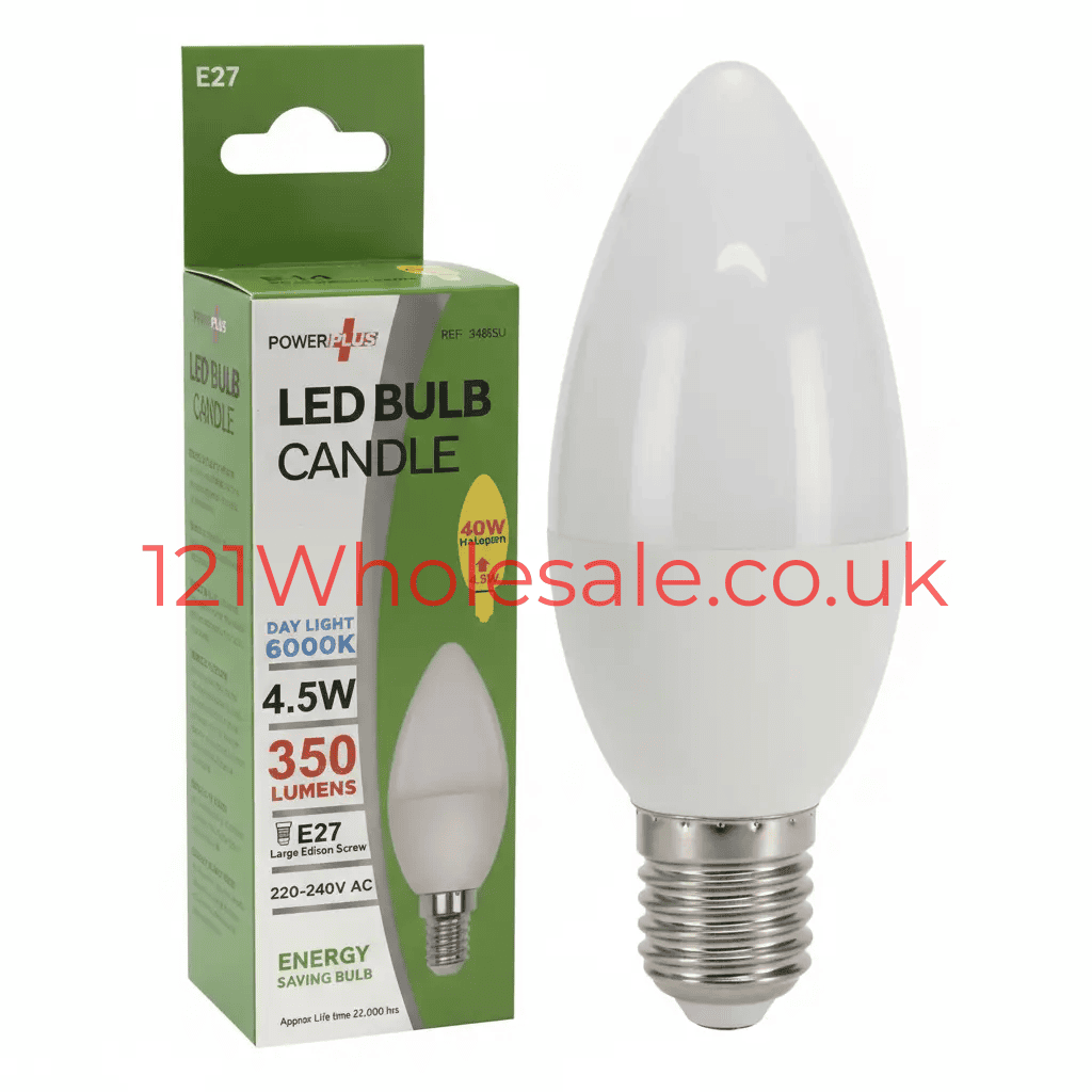 PowerPlus LED candle bulb E27, 4.5W, cool white; bulb and box (2 items)