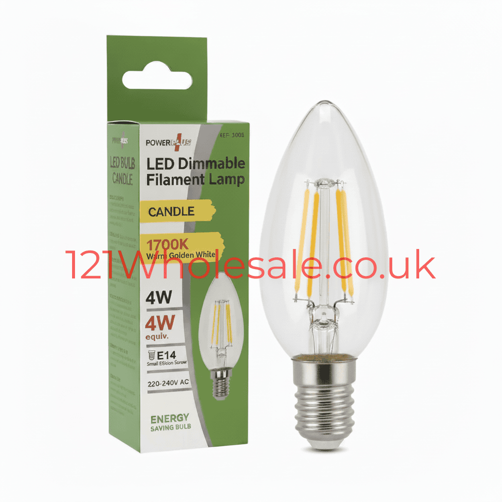 LED Filament Candle E14 bulb by PowerPlus, 4W warm white; packaging shown