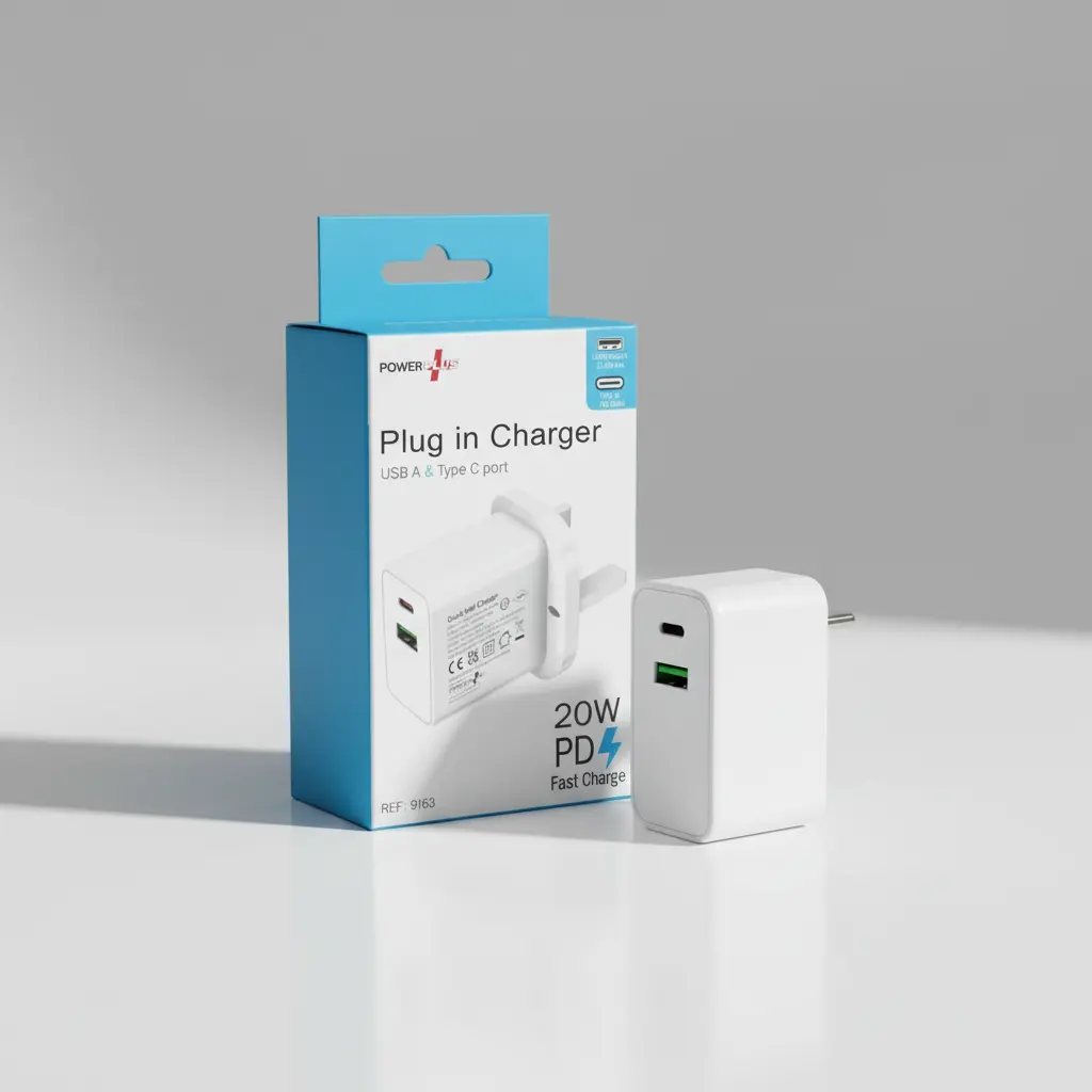 Plug in Charger with USB-A and USB-C ports, 20W PD fast charge; 1 charger and 1 box