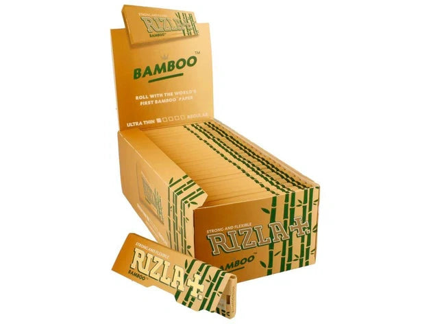Rizla bamboo rolling papers, standard size, 50 sheets in orange packaging.