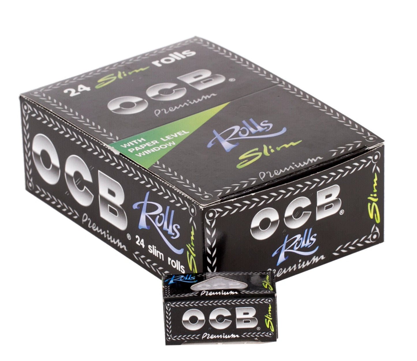 OCB Premium Slim Rolls rolling papers box, 24 slim rolls, black packaging with silver logo
