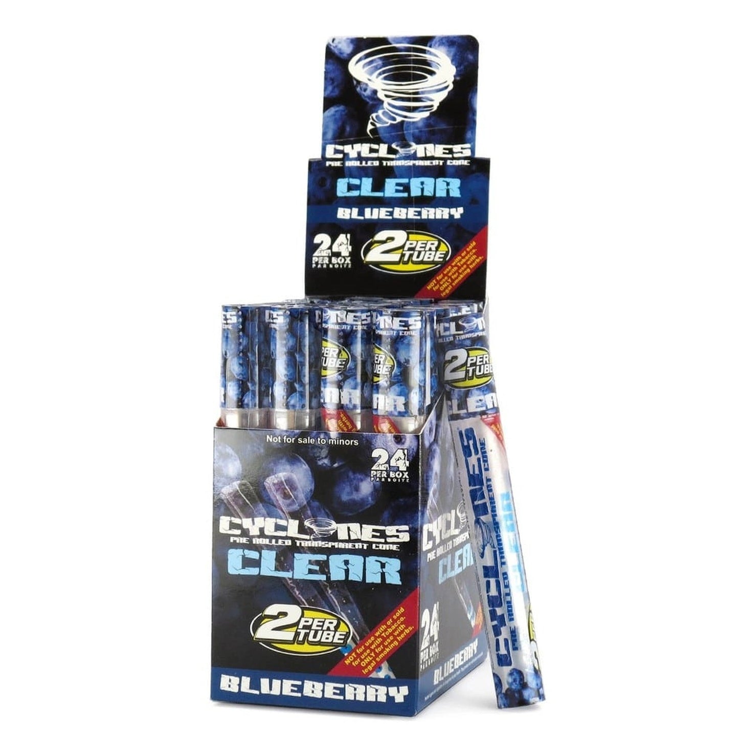 Cyclones Blunts Clear Blueberry wraps, pack of 24; stacked display