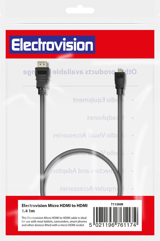 HDMI to Micro HDMI lead by Electrovision, black cable, 1.5m length.