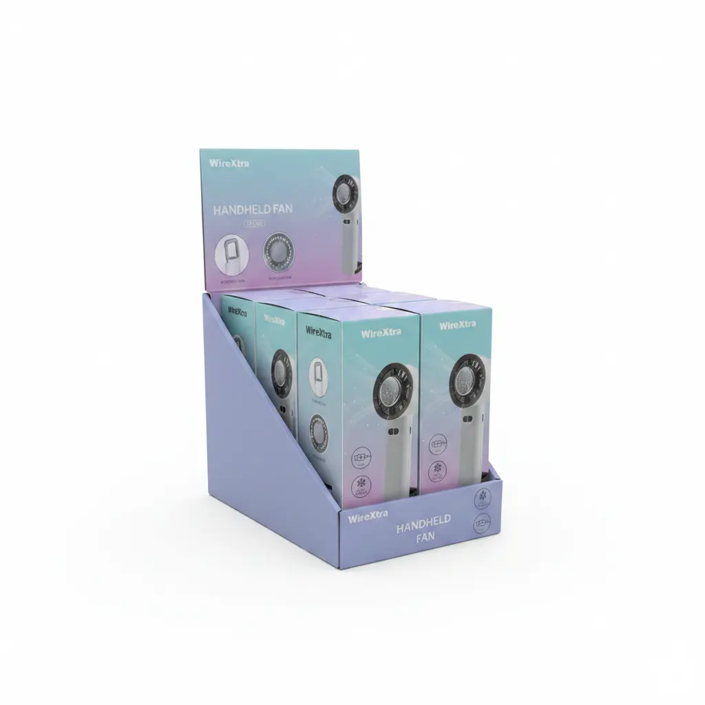 WireXtra handheld fan display with multiple boxed units in teal–purple packaging