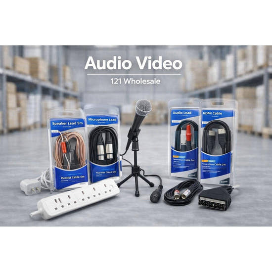 Audio and video products including headphones, radio, and speakers on a white background with brand names displayed.