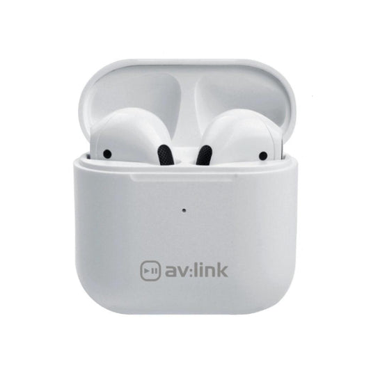 Wireless Bluetooth headset in white charging case with av:link logo (i16).