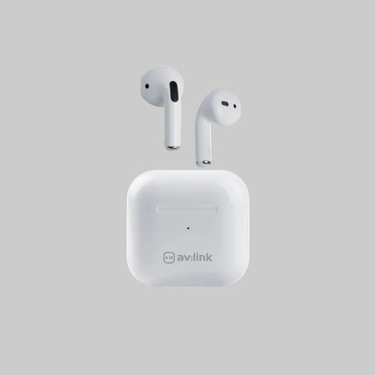 Wireless Bluetooth stereo headset i16 with charging case, white earbuds; av:link logo visible on case, 2 earbuds