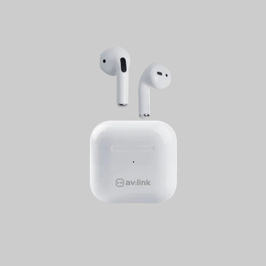 Wireless Bluetooth stereo headset i16 with charging case, white earbuds; av:link logo visible on case, 2 earbuds