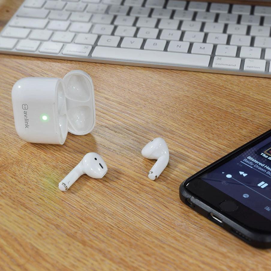 White My Store wireless Bluetooth stereo headset i16 with charging case and two earbuds on desk