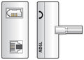 ADSL adaptor for broadband, silver telephone adaptor with RJ11 port and ADSL label on the side