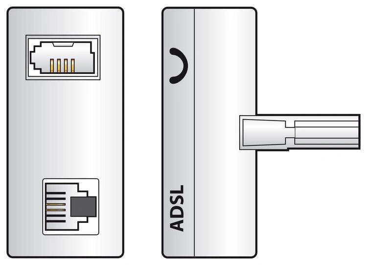 ADSL adaptor for broadband, silver telephone adaptor with RJ11 port and ADSL label on the side