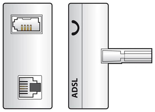 ADSL adaptor for broadband, silver telephone adaptor with RJ11 port and ADSL label on the side