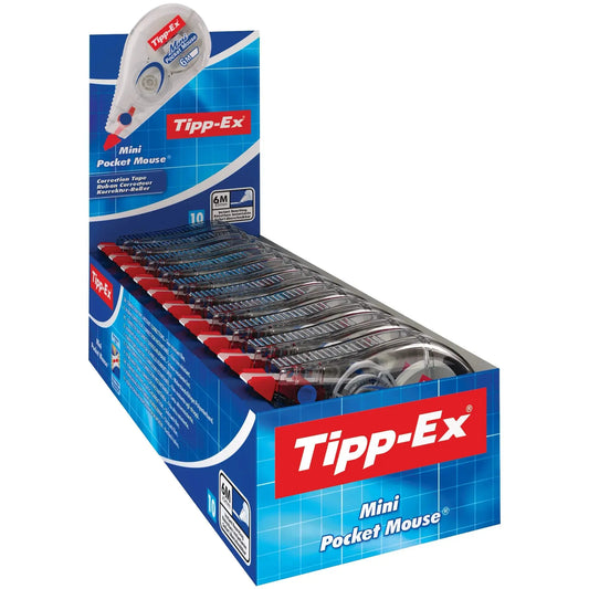 Tipp-Ex Pocket Mouse Mini correction tape display, blue box with red logo, 10 packs