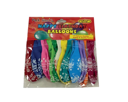 Birthday party balloons, 12-inch, 12-pack in assorted colors for party supplies.