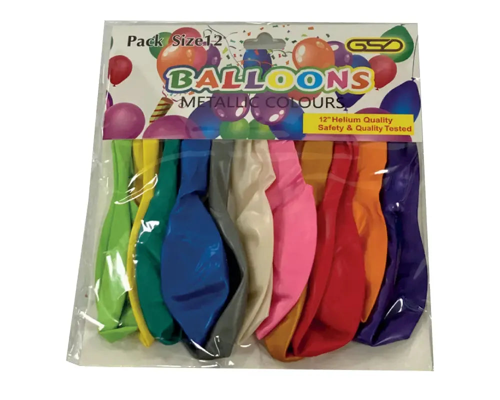 Birthday party balloons, 12-inch, assorted metallic colors, in a sealed 12-pack