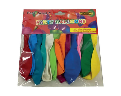 Birthday party balloons, 12-inch, multicolor assortment, 12-pack in a clear bag.