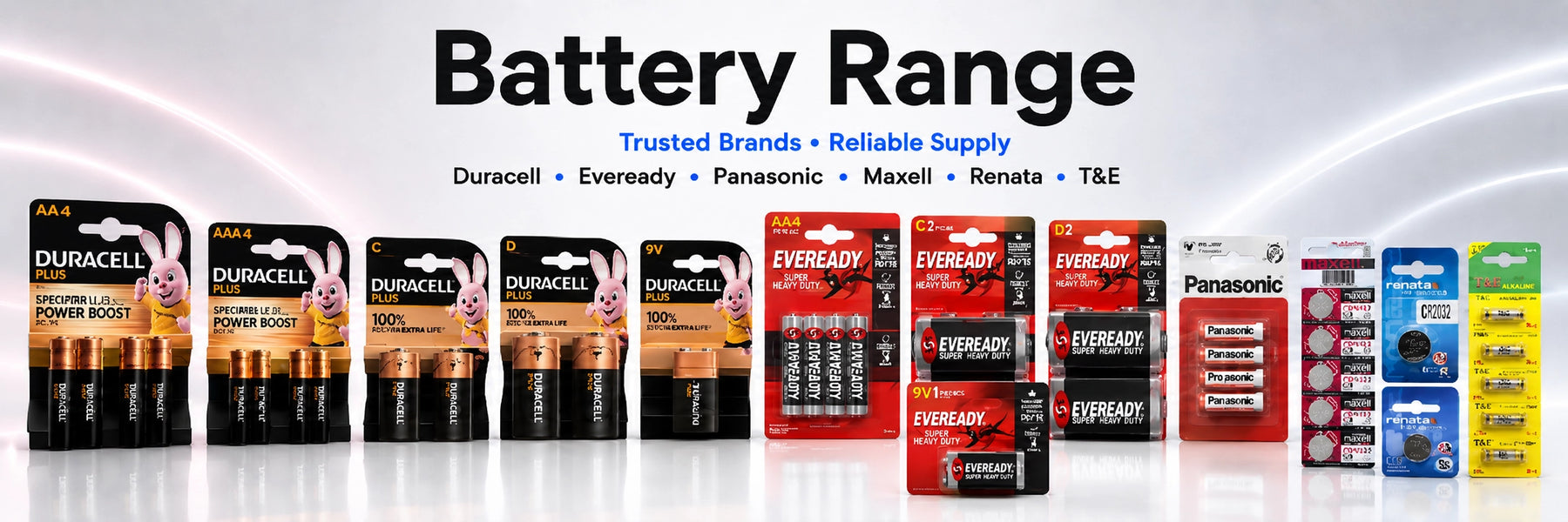 Battery range display with various brands including Duracell, Eveready, Panasonic, and more on a white background.