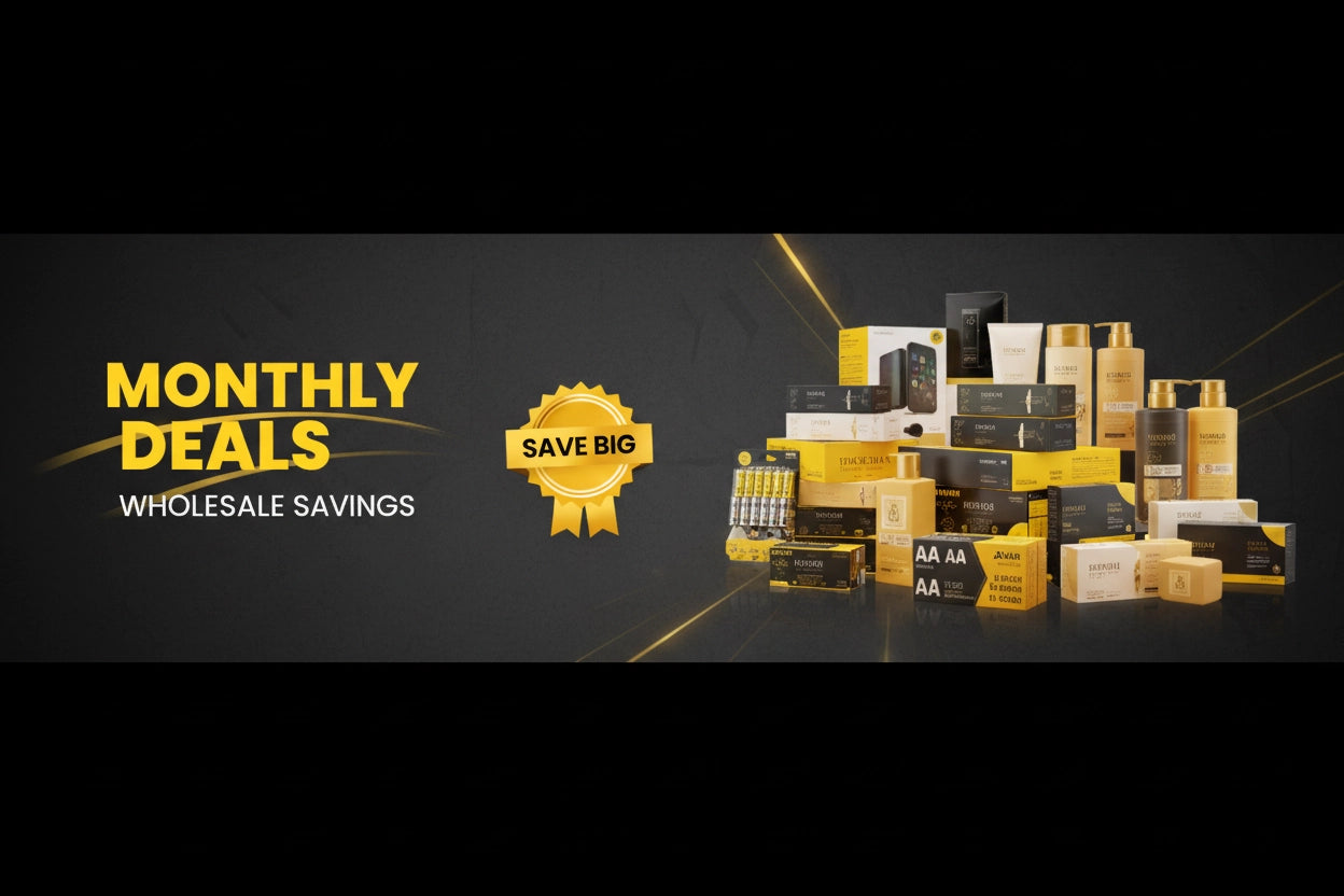 Promotional banner for monthly deals and wholesale savings, featuring a stack of assorted retail boxes and packages in black, white, and yellow on a dark gray background with gold light effects.