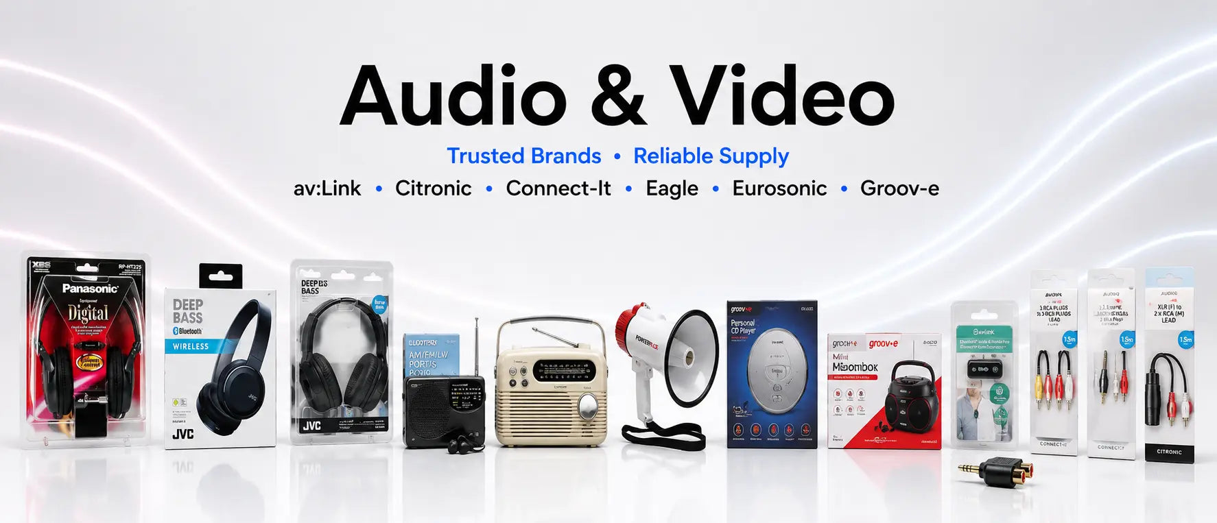 Audio and video products with brand names on a white background