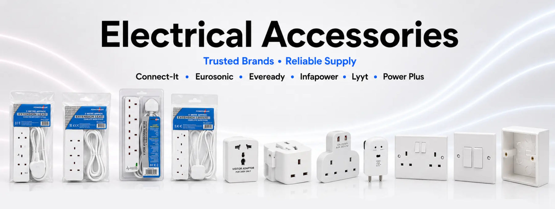 Electrical accessories including power strips and sockets on a white background with brand names.