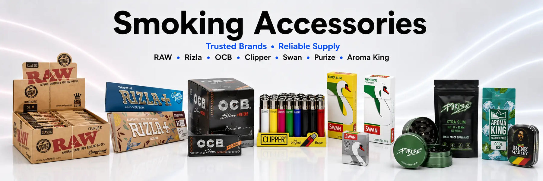 Display of smoking accessories including boxes and products on a white background with text 'Smoking Accessories'.