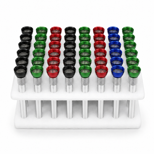 12 cm Down Pipes For Bongs Pack OF 48 organized in a white plastic storage rack, featuring black, green, red, and blue anodized metal cups with silver steel inner shells.